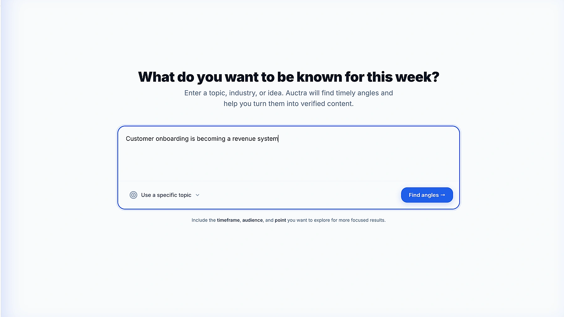 Auctra create screen for finding timely content angles