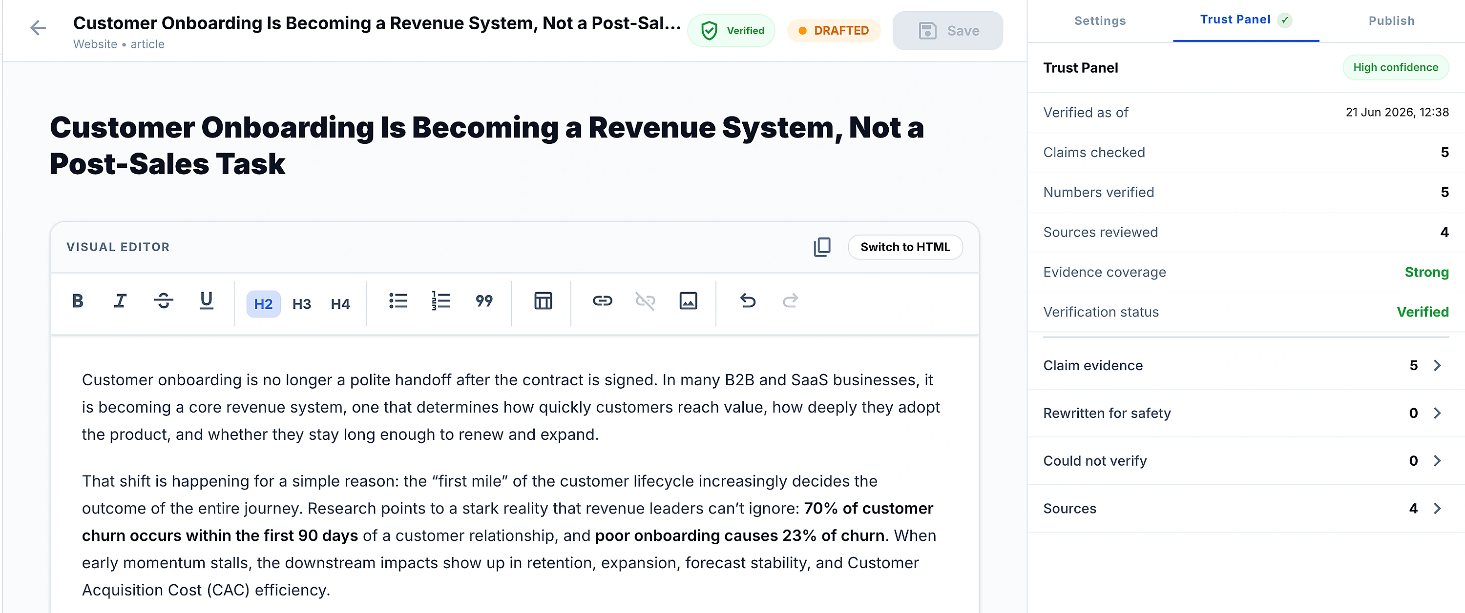Auctra article editor with source-backed claims and the Trust Panel